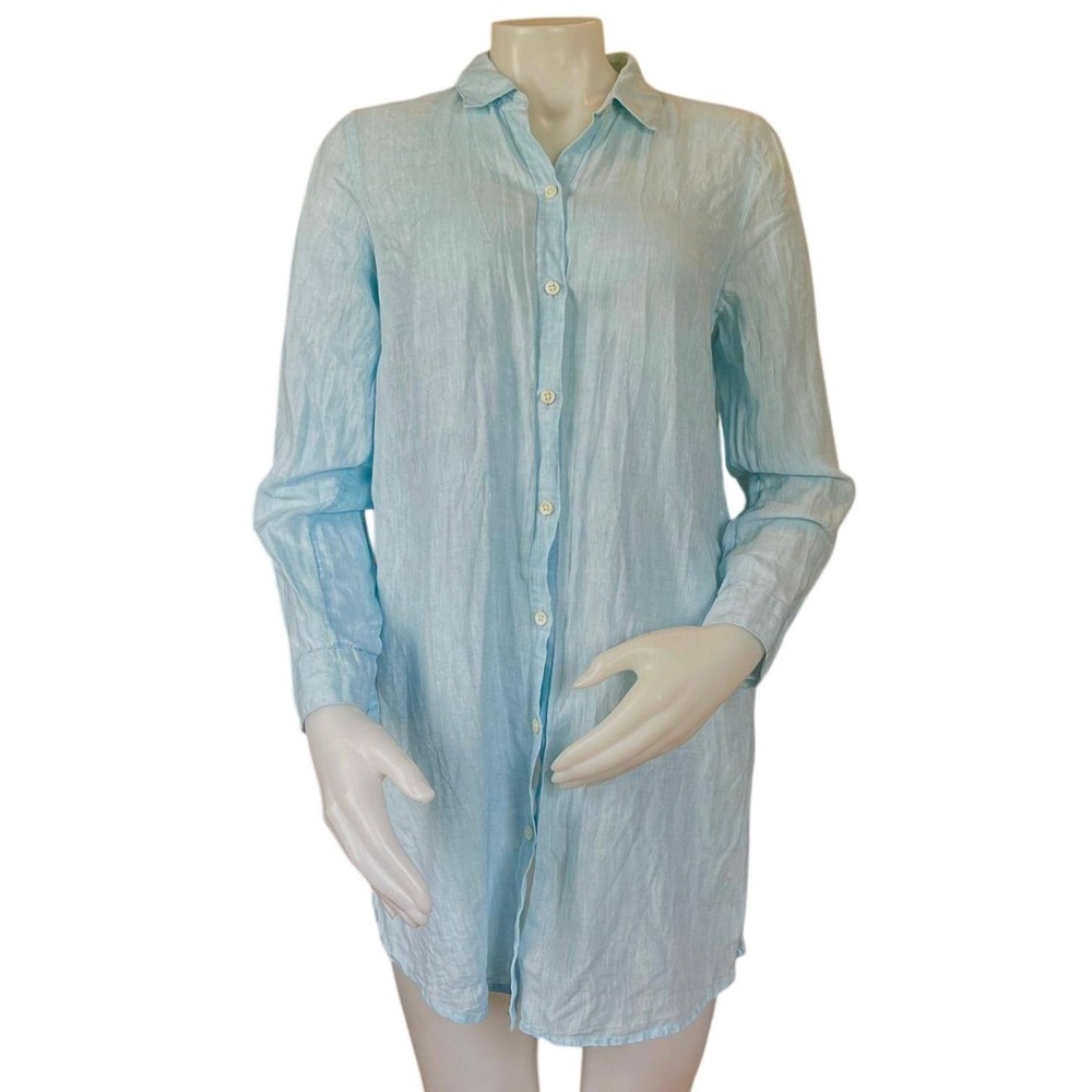 J. Jill Love Linen Light Blue Button Down Tunic Longline Shirt Small Coastal